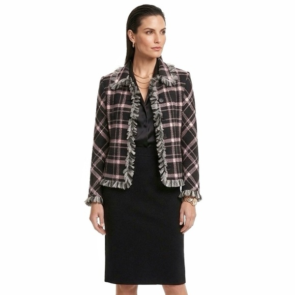 St. John Jackets & Blazers - ST. JOHN Santana Knit Pink & Black Plaid Mesh-Fringe Trim Jacket Blazer Size 10